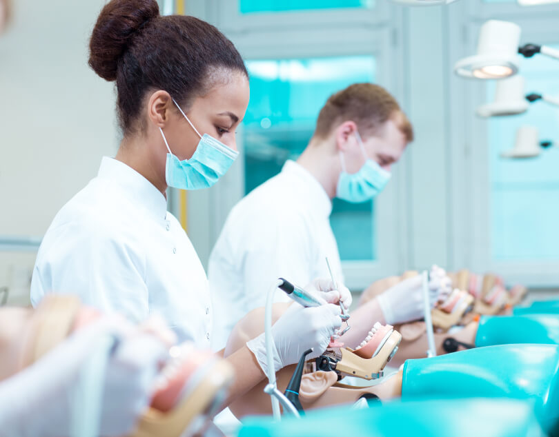 Dental students practicing on prosthetics