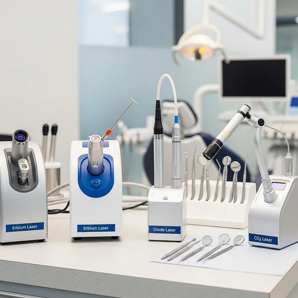 Dental lasers including Erbium, Diode, and CO2 lasers displayed on a dental workstation, showcasing advanced technology for precise dental treatments.