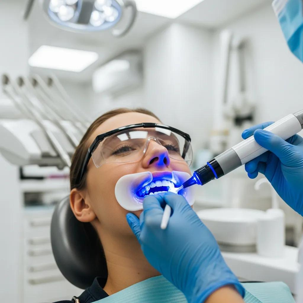 Patient receiving laser teeth whitening treatment with a dentist applying whitening gel, showcasing modern dental care techniques at Corner Stone Dental.