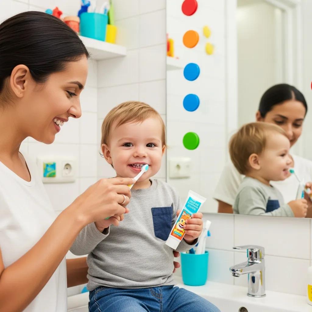 mom brushing toddler's teeth