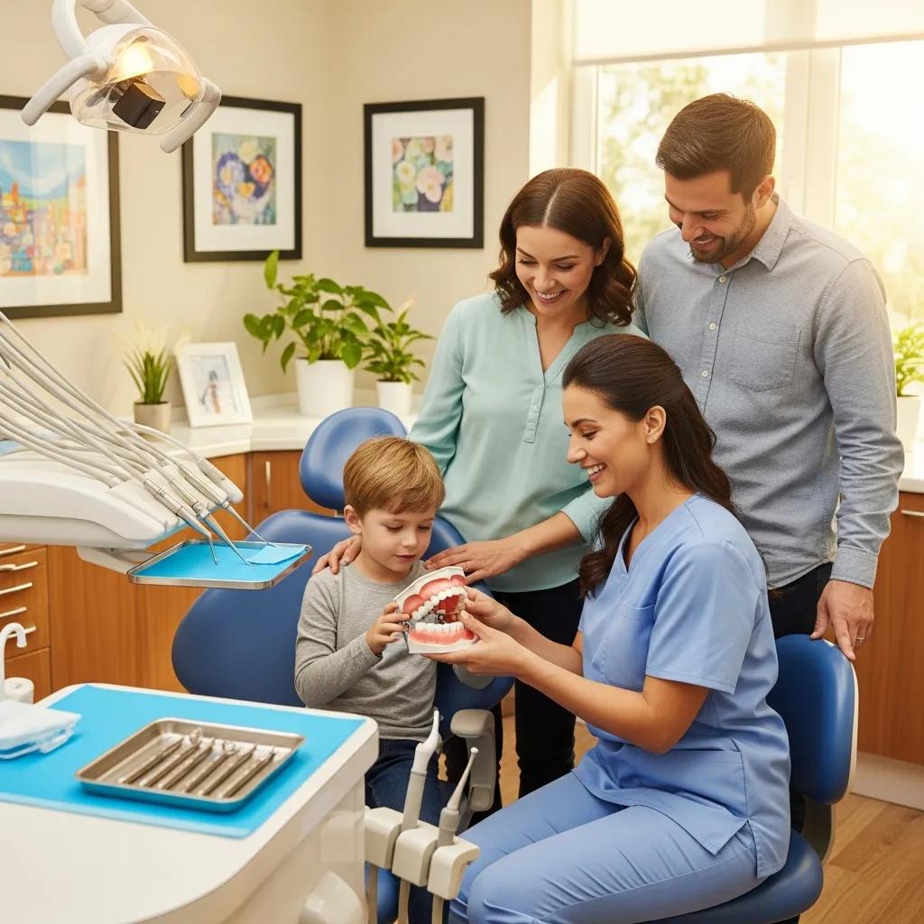family-dentist-in-a-welcoming-office-showing-a-dental-model-to-a-child