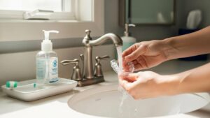 person-cleaning-a-mouth-guard-at-home-with-a-toothbrush-and-soap-in-a-bright-kitchen-setting