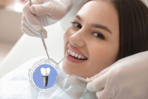 Young,Woman,With,Implanted,Teeth,Visiting,Dentist,In,Clinic